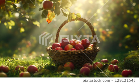 An autumn morning in an apple orchard, with a basket of fresh apples in the foreground. 129121545