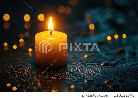Lit Candle on Microchip Circuit Board. Technology Innovation , Digital Future . 129121546
