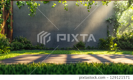 Modern home exterior design with zen garden. Luxury house with empty concrete wall with sun light green tree and outdoor plants. 129121571