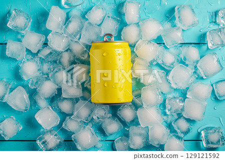 A chilled beverage can is nestled among ice cubes. 129121592