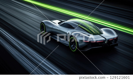 Sleek futuristic car speeding on light trails at night dynamic motion concept for modern transportation and innovation. Sleek futuristic car speeding on light trails at night dynamic motion concept for modern transportation and innovation. 129121601