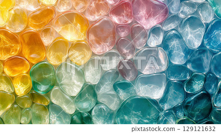 Smooth glass pebbles in various colors, colored stones, colorful glass beads. 129121632