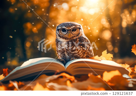A reading owl perched on an open book surrounded by autumn leaves and warm light in a cozy outdoor setting. A reading owl perched on an open book surrounded by autumn leaves and warm light in a cozy outdoor setting. 129121637