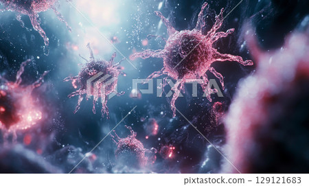 Macro close-up of colorful bacteria colonies and virus cells. 129121683