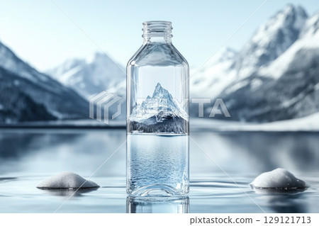 Pure water bottle on a lake, majestic mountain backdrop. 129121713