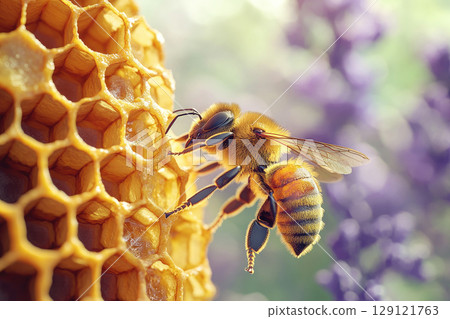 Close up view of the working bee on honeycomb. 129121763