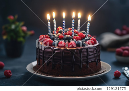 Chocolate birthday cake decorated with berries and  birthday candles. Chocolate birthday cake decorated with berries and  birthday candles. 129121775