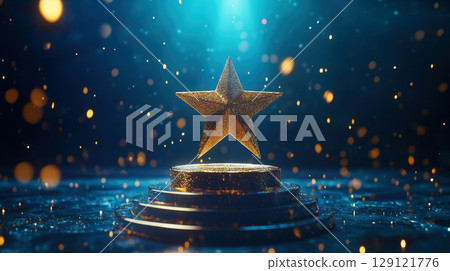 Golden star on podium with golden lights. Award ceremony background. Golden star on podium with golden lights. Award ceremony background. 129121776