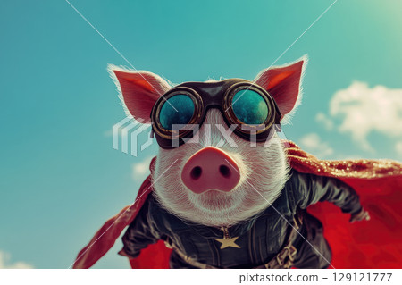 A brave pig dressed with a superhero cape and goggles. A brave pig dressed with a superhero cape and goggles. 129121777