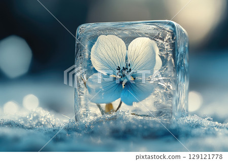 A crystal flower growing inside an ice cube. 129121778