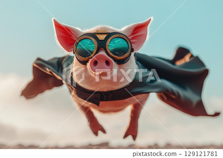 A pig dressed as a superhero, flying through the sky. 129121781