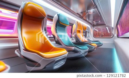 A quiet interior view of a futuristic train with colorful seats. Futuristic public transport. 129121782