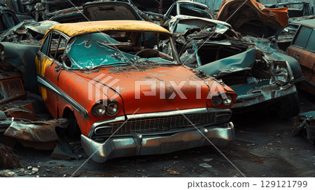 A pile of old damaged cars in a car junkyard. Metal recycling. 129121799