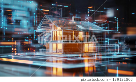Futuristic wireframe house hologram emerging from blueprint. Innovative architecture technology. 129121803