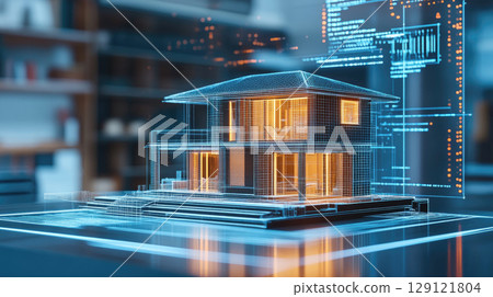 Futuristic wireframe house hologram emerging from blueprint. Innovative technology, architecture and design. 129121804