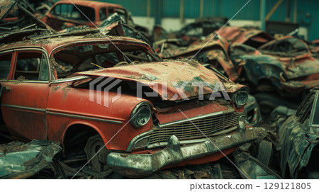 Old damaged cars in a car junkyard. Metal recycling. 129121805
