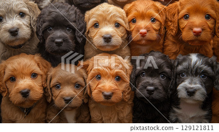Group of cute domestic puppies seating together. 129121811