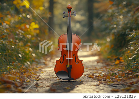 A beautiful violin musical instrument standing on a path in autumn forest. A beautiful violin musical instrument standing on a path in autumn forest. 129121829