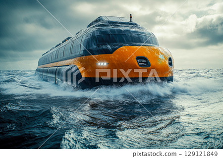 An orange futuristic rescue vessel in a stormy sea. 129121849
