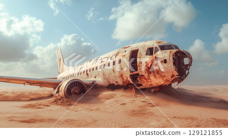Old airplane wreck buried deep in a desert dunes. 129121855