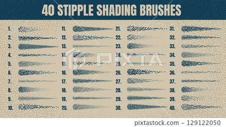 Ink scatter brush, stipple drawing and texturing. Fading gradient. Stippling, dotwork drawing, shading using dots. Halftone disintegration effect. White noise grainy texture. Vector illustration 129122050