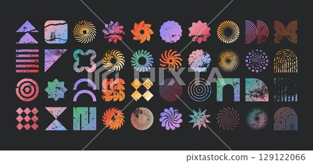 Brutalist geometric shapes, modern grunge symbols. Simple primitive elements and forms, distressed details. Retro design, aged, vintage, trendy contemporary minimalist style, y2k. Vector illustration Brutalist geometric shapes, modern grunge symbols. Simple primitive elements and forms, distressed details. Retro design, aged, vintage, trendy contemporary minimalist style, y2k. Vector illustration 129122066