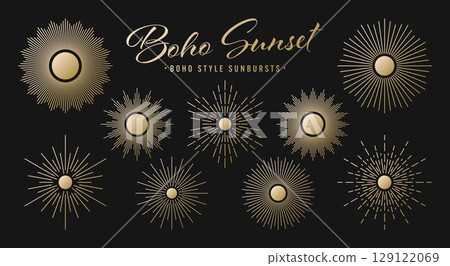 Vintage golden sunburst, sunset beams collection. Boho style, modern minimalist bohemian design. Hand drawn bursting sun, light rays. Logotype or lettering retro design element. Vector illustration 129122069