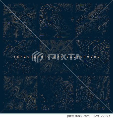 Colorful topographic maps with contour lines. Geographic terrain grid, relief height elevation. Ground path pattern. Travel and navigation, cartography design element. Vector illustration 129122073