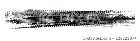 Grunge tire tracks with mud splatters, dirty wheel braking marks. Truck, car, or motorcycle tread pattern silhouettes. Perfect for off-road, motorsport, and racing designs. Vector illustration 129122074