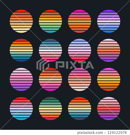 Vintage colorful sunset. Striped gradient sunrise badges in 80s and 90s style. Sun and ocean view, summer vibes, surfing. Design element for print, logo or t-shirt. Vector illustration Vintage colorful sunset. Striped gradient sunrise badges in 80s and 90s style. Sun and ocean view, summer vibes, surfing. Design element for print, logo or t-shirt. Vector illustration 129122076