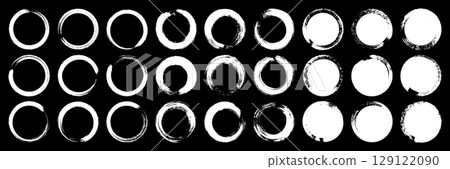 Grunge circles, brush strokes, lines, ink smudges, hand-drawn scribble shapes. Handmade sketchy marks, acrylic stains, charcoal streaks. Paint textures, dry brush effect. Vector illustration 129122090