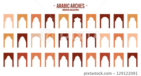 Islamic frames, oriental style objects. Arabic shapes, windows and arches. Traditional ornamental banner, frame. Muslim holidays, Ramadan Kareem. Modern eastern architecture. Vector illustration 129122091