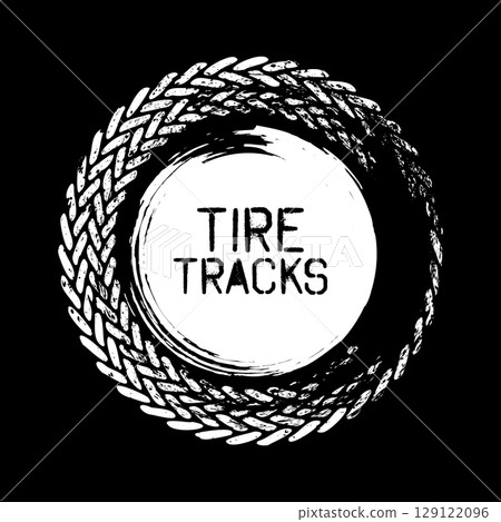 Grunge circle tire track, wheel braking mark. Truck, car or motorcycle tread pattern silhouettes. Auto race, motorsport, speed racing design element. Vector illustration Grunge circle tire track, wheel braking mark. Truck, car or motorcycle tread pattern silhouettes. Auto race, motorsport, speed racing design element. Vector illustration 129122096