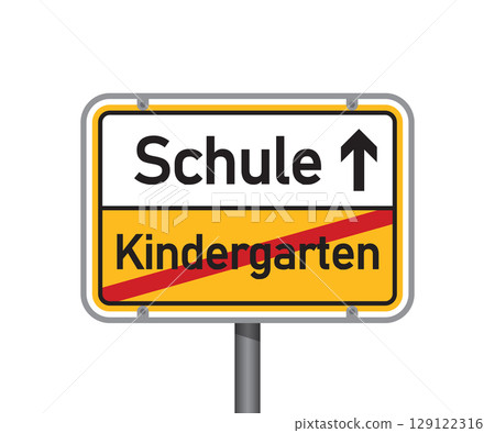 yellow traffic sign with german words school and kindergarten isolated vector illustration yellow traffic sign with german words school and kindergarten isolated vector illustration 129122316
