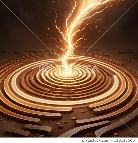 Harnessing power lightning strikes illuminating golden maze, symbolizing innovation and energy solutions for your next project or campaign Harnessing power lightning strikes illuminating golden maze, symbolizing innovation and energy solutions for your next project or campaign 129122500