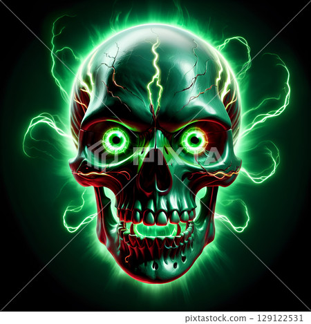 Electrifying skull with glowing green eyes and lightning strikes for thrilling Halloween designs or edgy gothic art projects that need a jolt 129122531