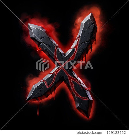 Dramatic stone X with glowing red accents creates a bold, edgy design perfect for gaming, horror, or fantasy branding and powerful logo concepts 129122532