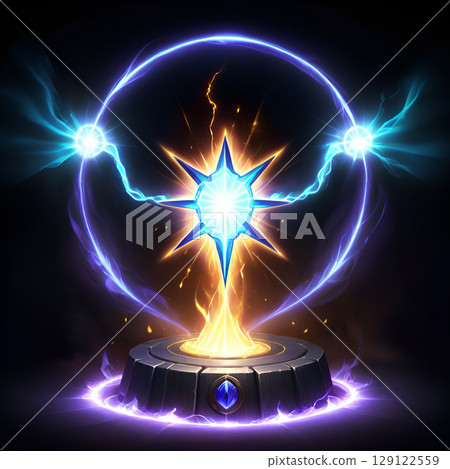 Vibrant energy star radiating power with dynamic blue aura and mystic flame, ready to energize your project with a touch of magic today 129122559