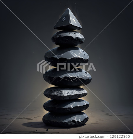 Find your center with this balanced rock stack, perfect for zen inspiration and meditative calm, symbolizing peace and stability in life 129122560