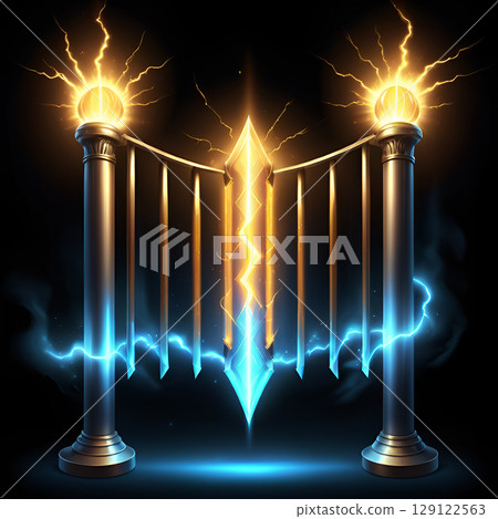 Stunning electric gate with gold pillars and lightning bolts, perfect for fantasy game design or magical world-building projects needing a powerful entrance 129122563