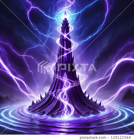 Epic fantasy tower with electrifying energy swirling around it, a beacon of magic and power, perfect for games or novel illustrations 129122564