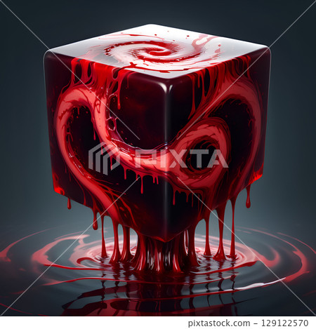 Abstract red cube with dripping liquid creating mesmerizing patterns - perfect for modern designs, edgy art, or dark fantasy themes 129122570
