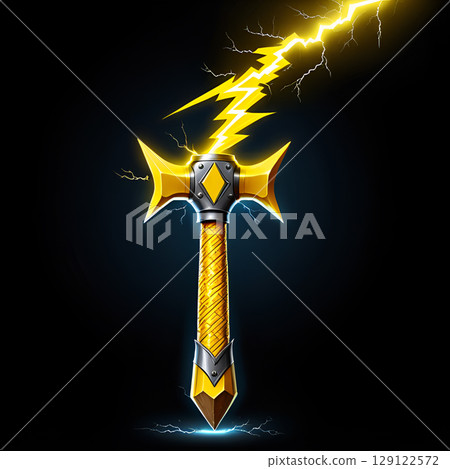 Epic golden hammer wielding lightning power, a symbol of strength, perfect for fantasy games, powerful storytelling, or dynamic graphic designs 129122572