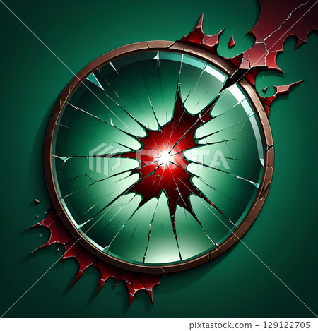 Shattered dreams concept with broken glass and red burst on green backdrop for powerful visuals and symbolic impact in creative projects 129122705