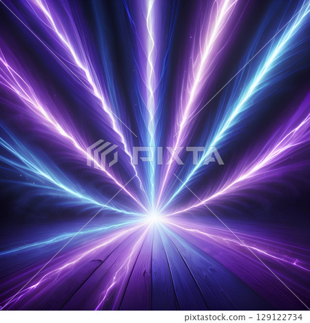 Dynamic burst of radiant purple and blue energy streams emanate from a central bright light over a textured wooden surface 129122734