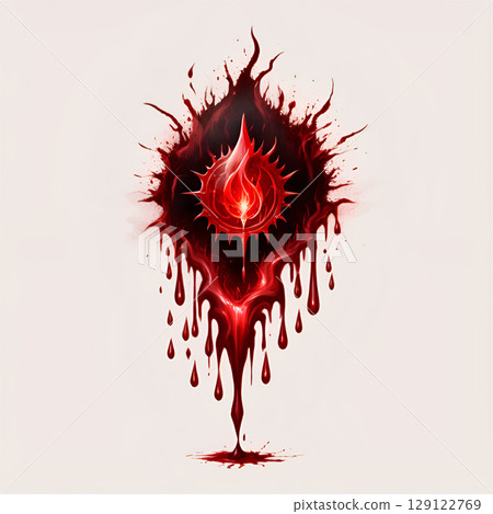 Radiant crimson heart symbol drips with intensity, evoking passion, danger, or vital energy in a dramatic abstract design. 129122769