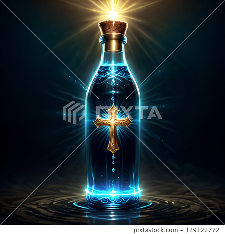 Experience divine healing and spiritual renewal with this glowing holy water bottle featuring a radiant golden cross, perfect for sacred rituals. Experience divine healing and spiritual renewal with this glowing holy water bottle featuring a radiant golden cross, perfect for sacred rituals. 129122772