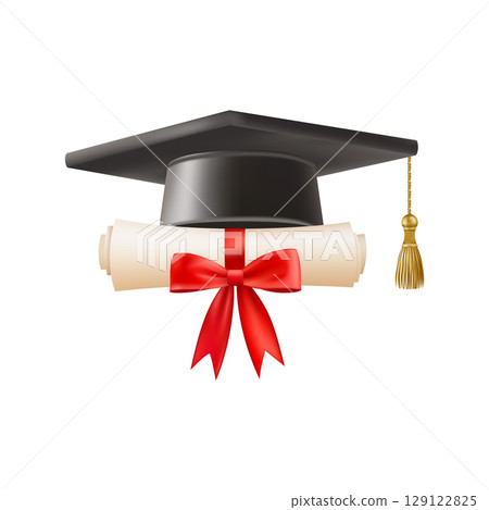 3d diploma scroll with graduate hat. Vintage roll paper 129122825