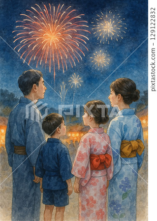 夏日祭典之夜，一家人身著浴衣仰望煙火 | 水彩風格插畫 129122832
