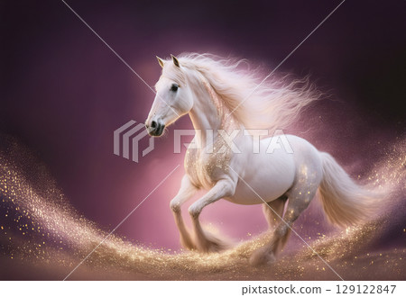 粉紅色背景上,一匹覆蓋著金色光粒的奇妙白馬 粉紅色背景上,一匹覆蓋著金色光粒的奇妙白馬 129122847